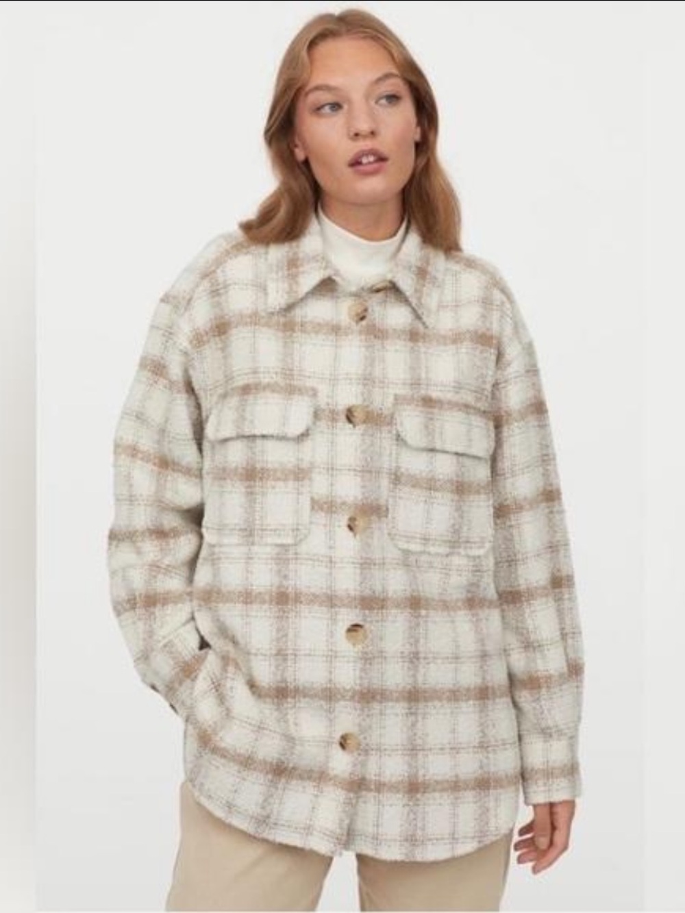H&M Oversized Cream Beige Plaid Shacket Jacket
